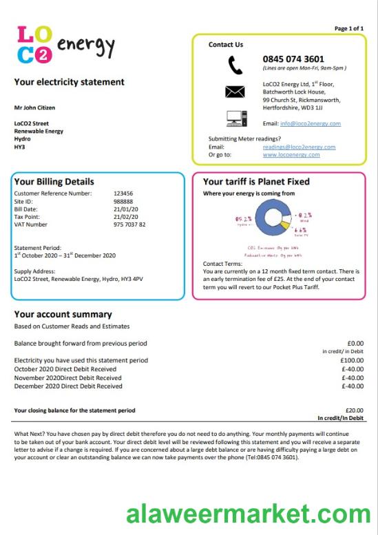 United Kingdom LoCO2 Energy utility bill template in Word and PDF format